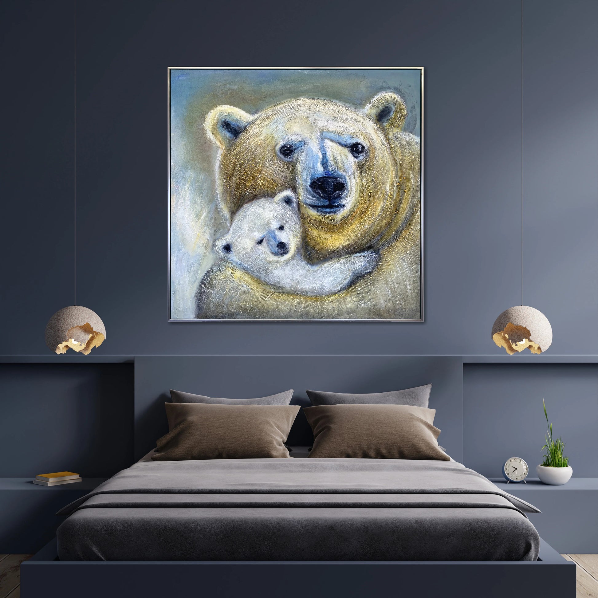 a large painting of a mother polar bear and her cub on the wall above a bed with a gray comforter and brown pillows.