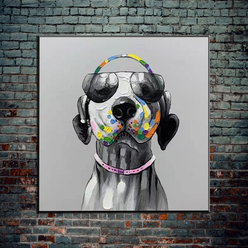 a painting of a dog wearing a pair of sunglasses