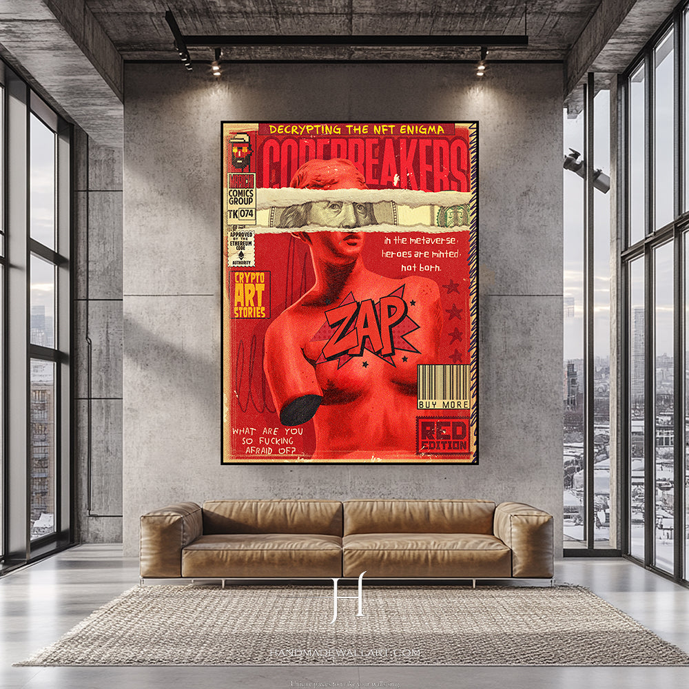 a living room with a couch and a painting on the wall