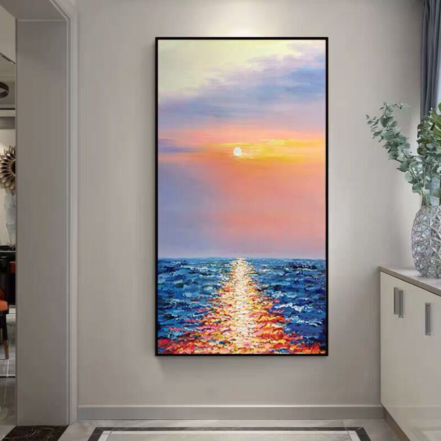 a painting of a sunset over the ocean