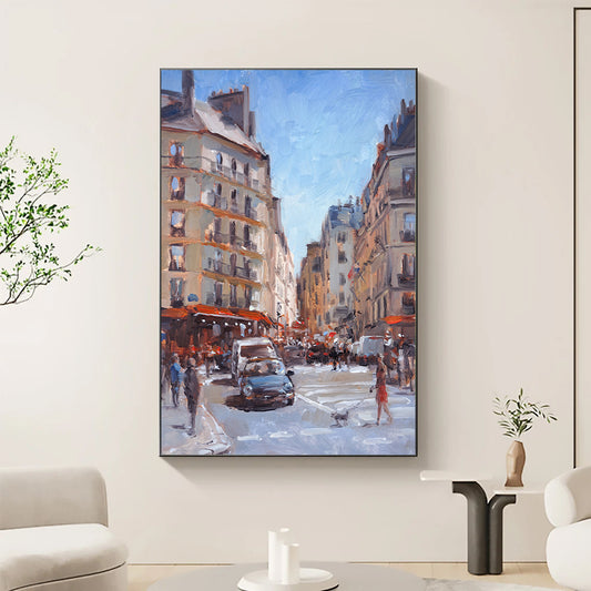 a painting of a busy city street in winter