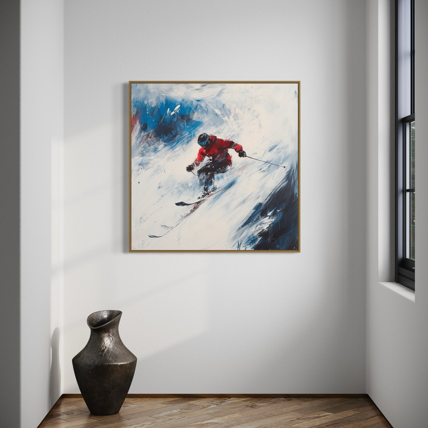 a painting of a skier on a snowy mountain