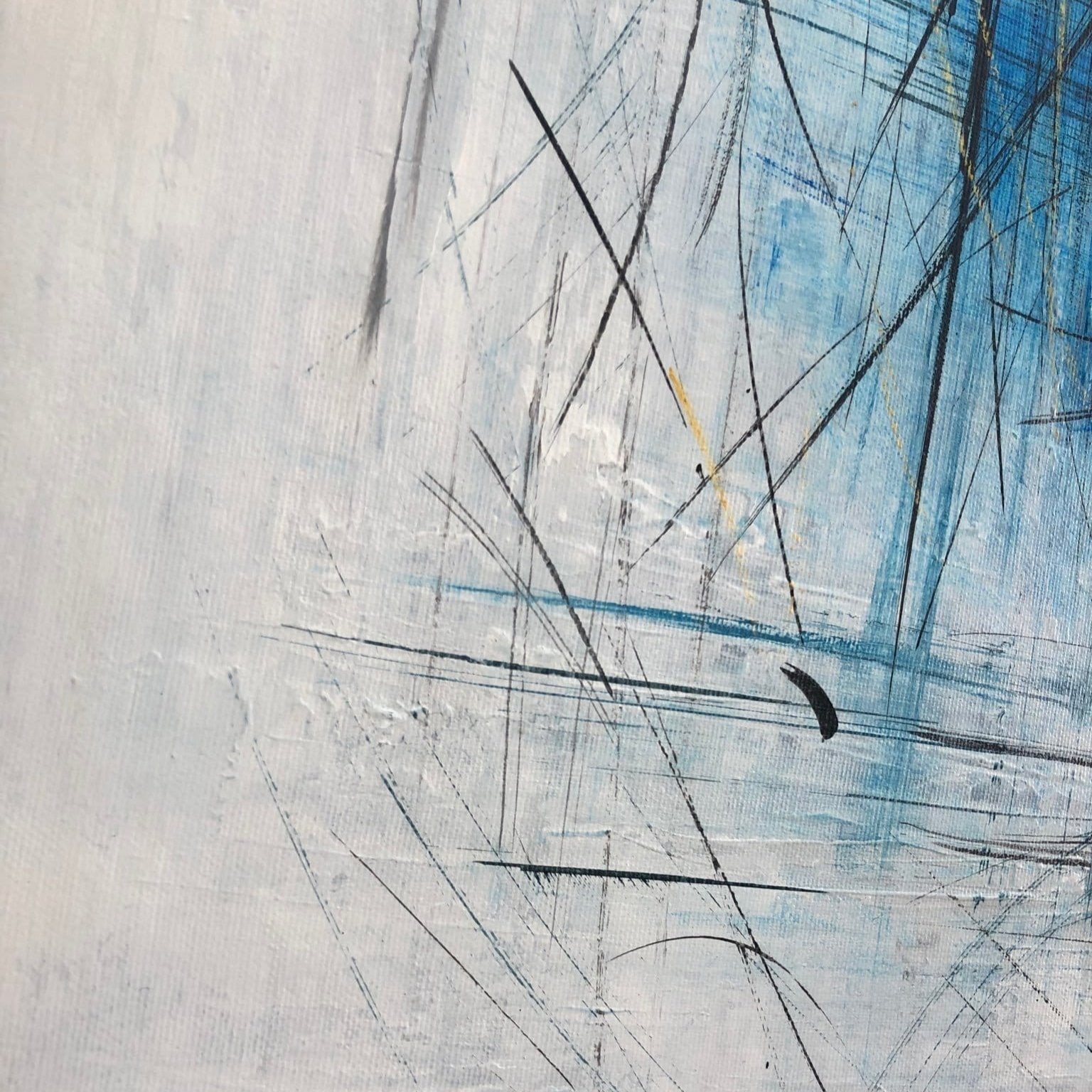 The image is an abstract painting with a mix of blue, black, and white colors. The painting has a textured and expressive appearance, with visible brushstrokes and lines creating a dynamic and expressive visual effect.