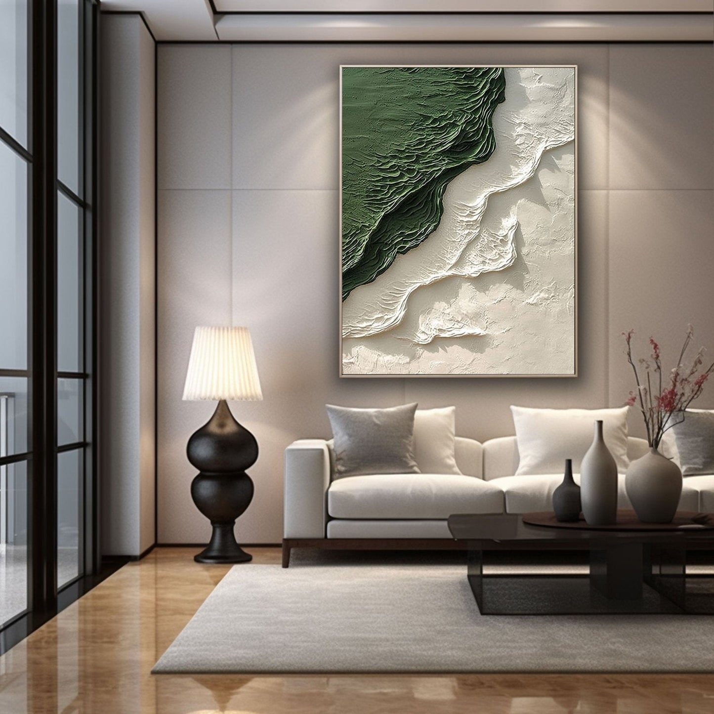 a modern living room with a large abstract painting on the wall, a white sofa, a black floor lamp, and a coffee table with decorative items.