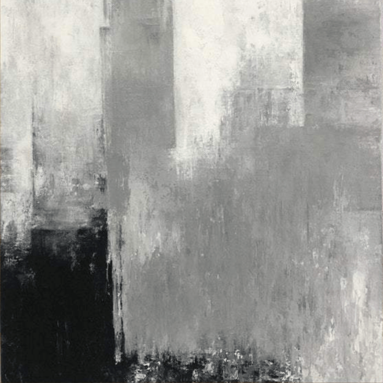 The image is an abstract painting with a predominantly black and white color scheme. The painting features a textured, layered appearance with varying shades of gray and black, creating a sense of depth and dimension. The overall composition is minimalist and visually striking, with the use of black and white as the primary colors.