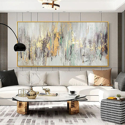 a living room with a large painting on the wall