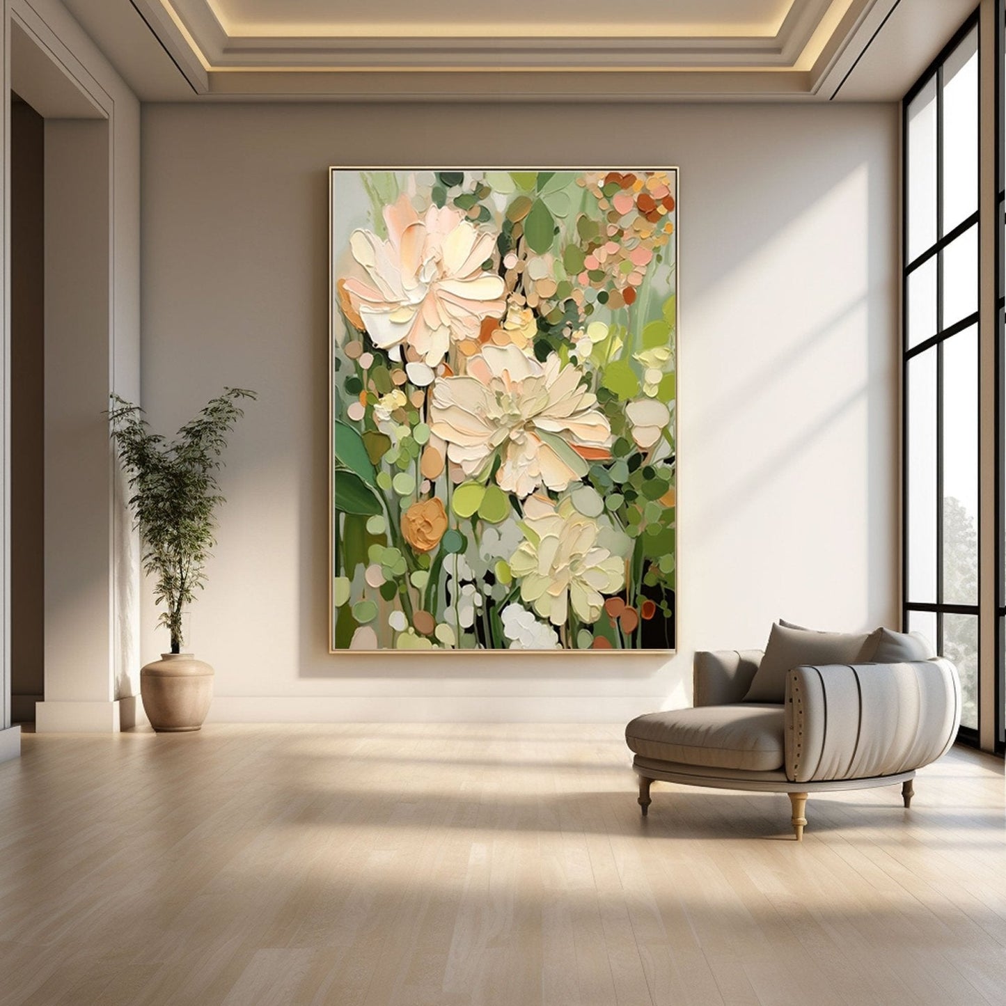 a large, colorful painting of flowers hanging on a wall in a spacious room with a wooden floor and a comfortable-looking sofa.