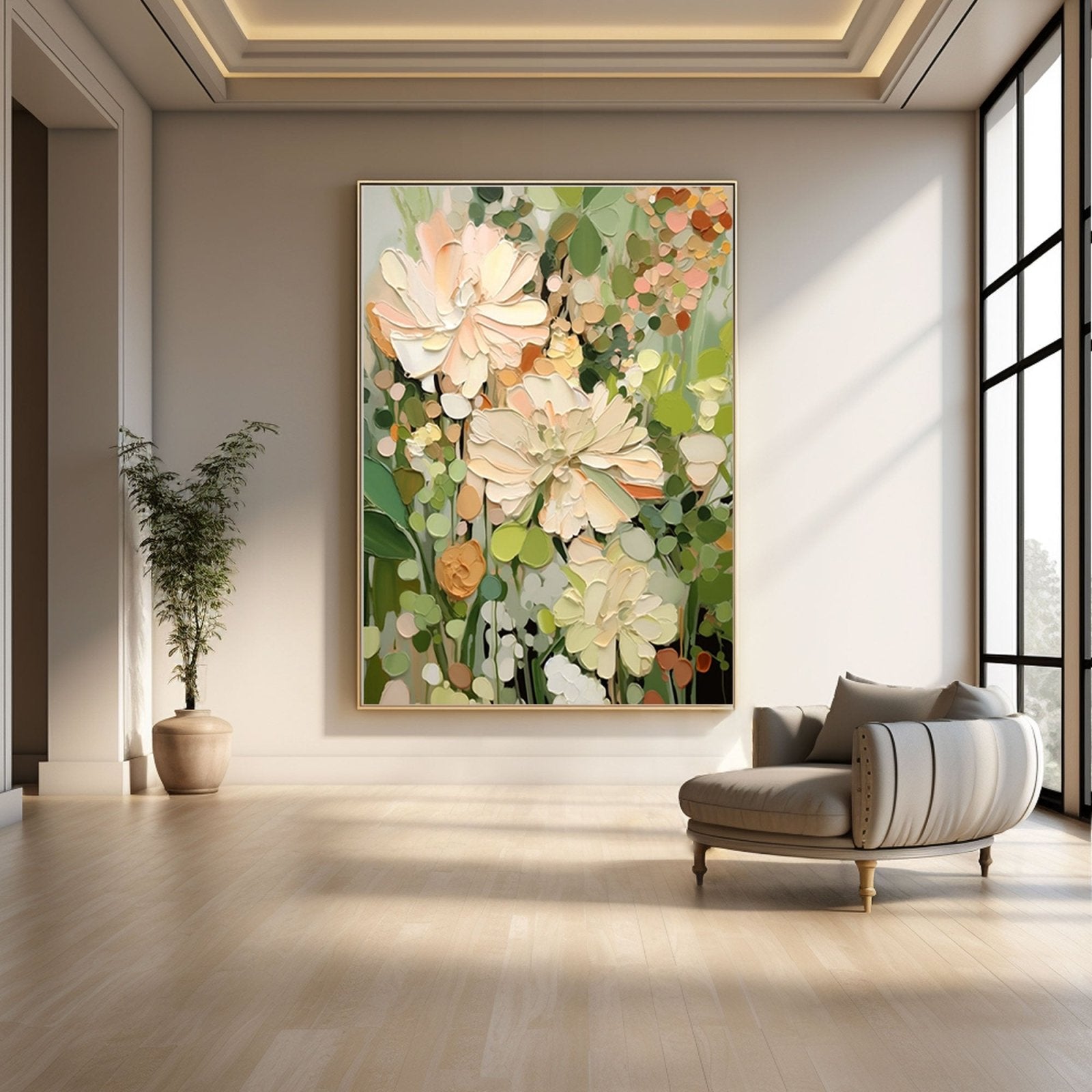 a large, colorful painting of flowers hanging on a wall in a spacious room with a wooden floor and a comfortable-looking sofa.
