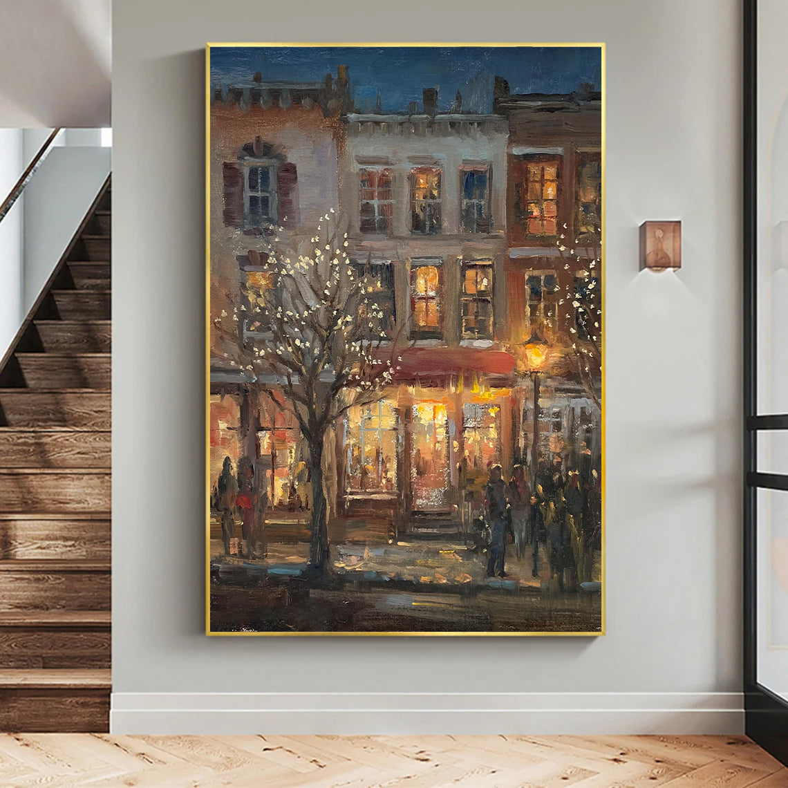 a painting of a city street at night