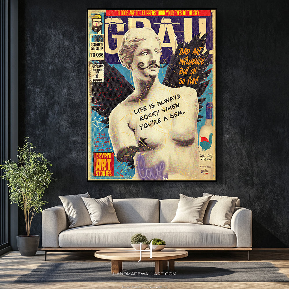 a living room with a couch and a painting on the wall