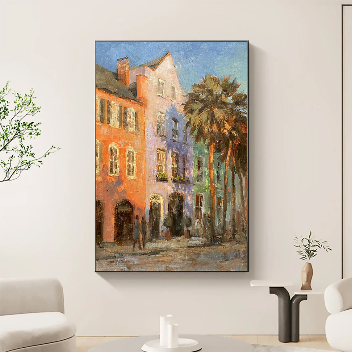 a painting of a city street with palm trees