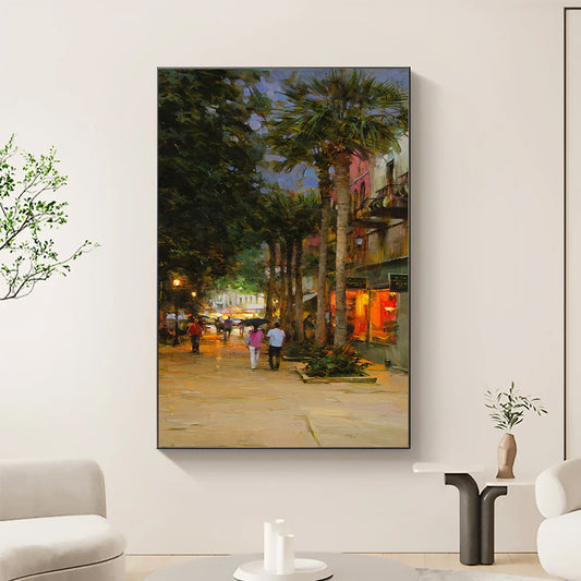 a painting of people walking down a street