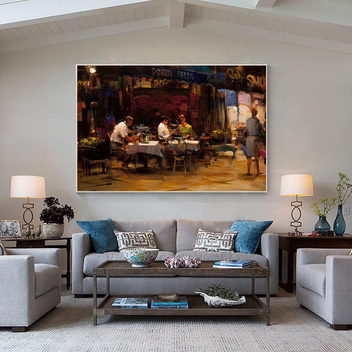 a living room filled with furniture and a painting on the wall