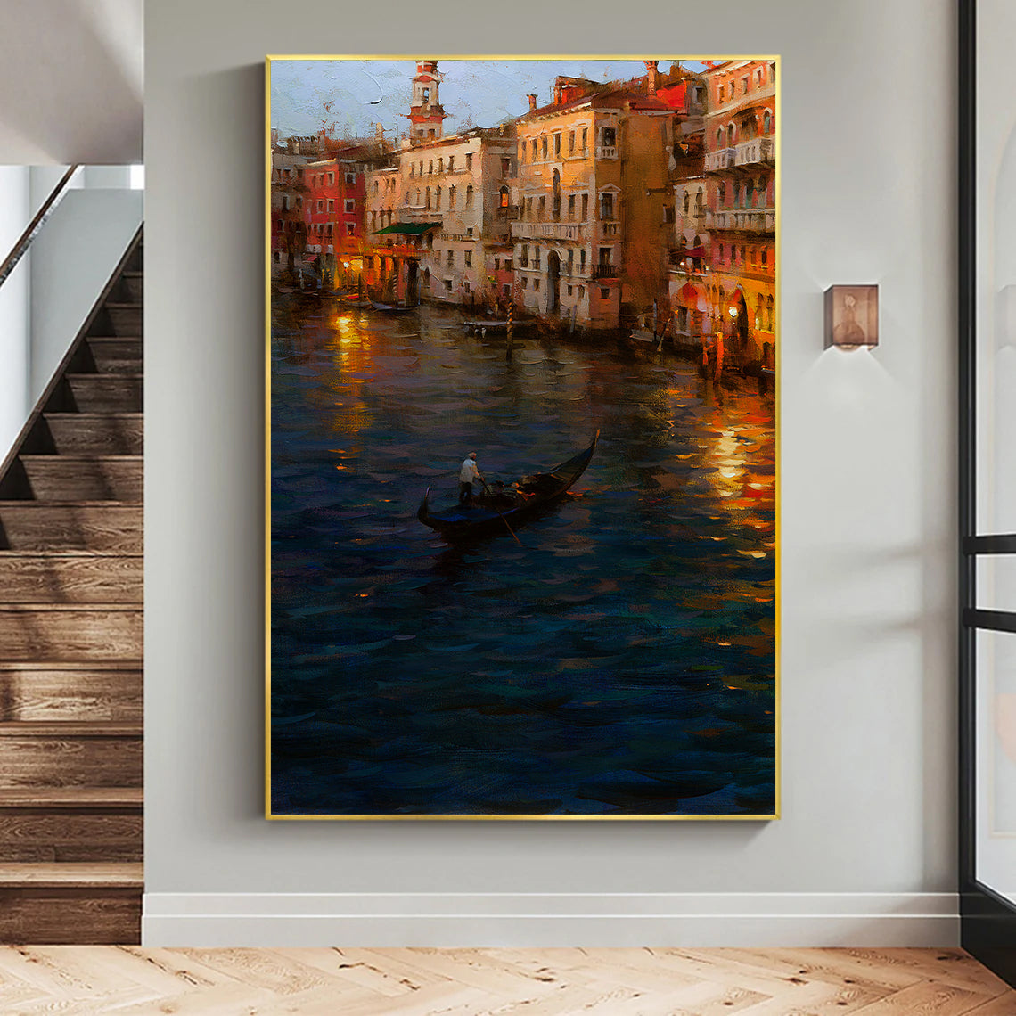 a painting of a gondola in venice at night