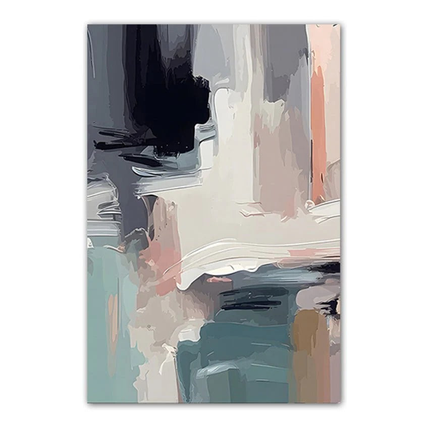 The image is an abstract painting with a mix of dark and light colors, including shades of blue, pink, and black. The painting appears to be a modern art piece, with a focus on the use of brushstrokes and color blending.
