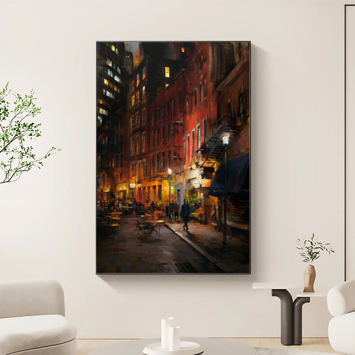 a painting of a city street at night