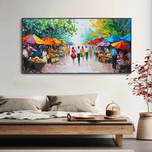 a lively outdoor market scene with colorful umbrellas, people walking around, and various stalls selling fruits and vegetables.