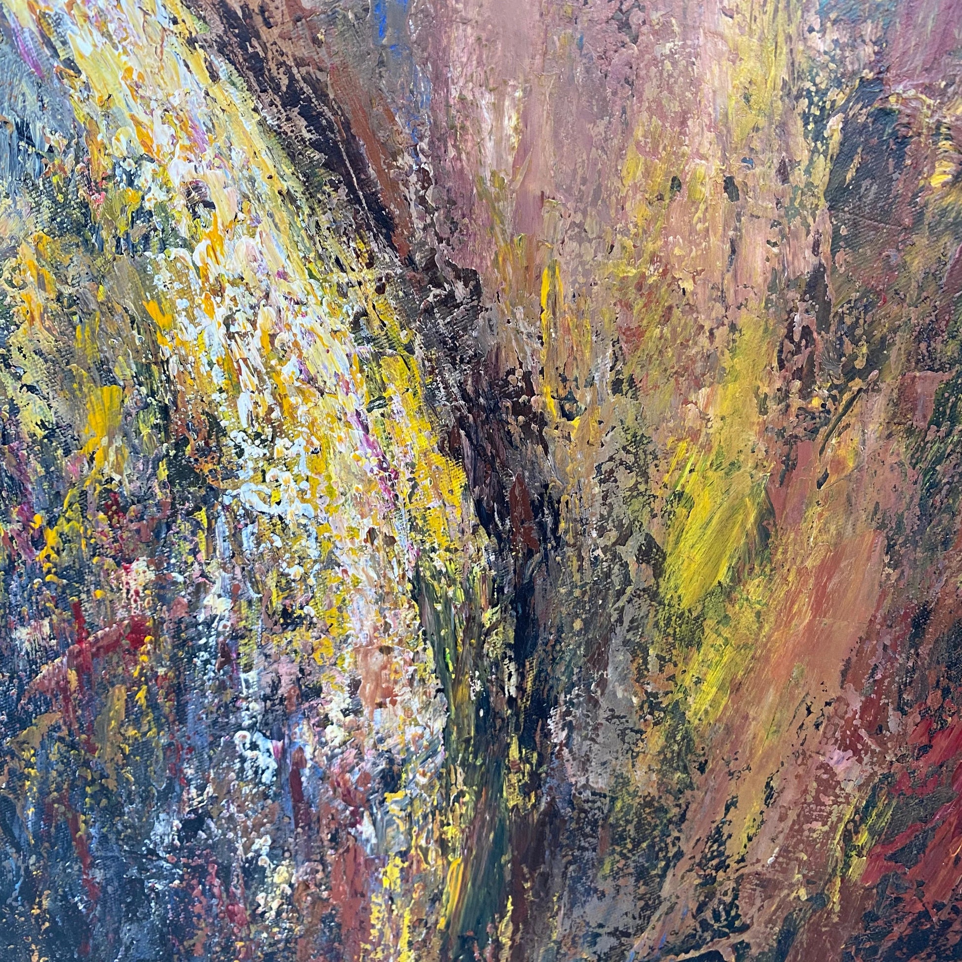 The image is an abstract painting with a vibrant mix of colors and brushstrokes, creating a dynamic and energetic composition.