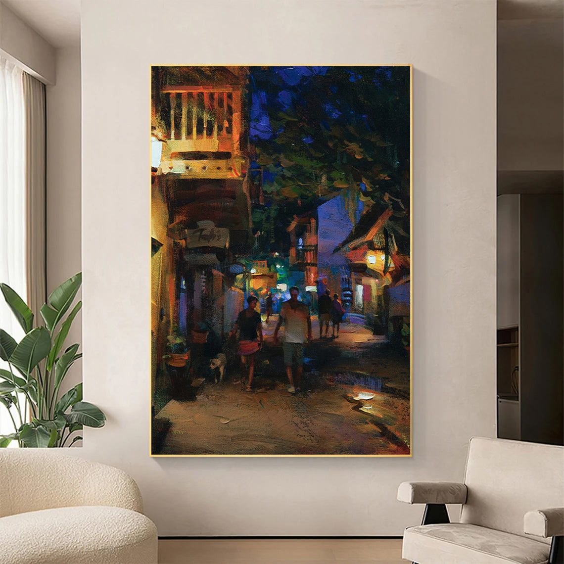 a painting of people walking down a street at night