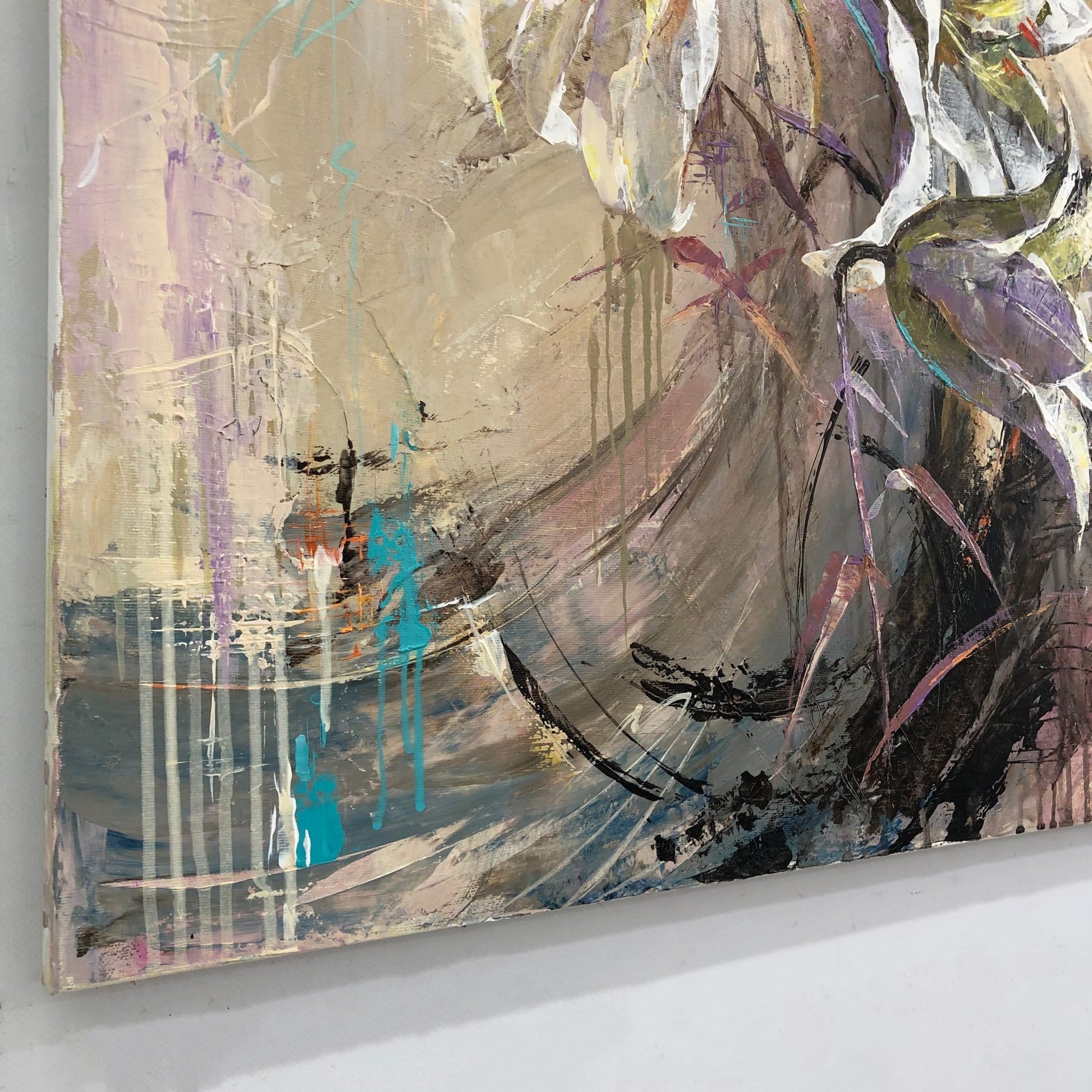 The image is an abstract painting with a mix of colors and brushstrokes, creating a dynamic and expressive composition.