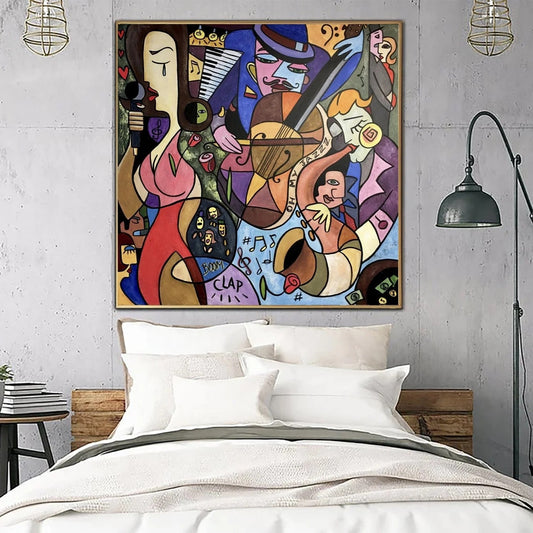 a large, colorful abstract painting hanging on a wall above a bed.