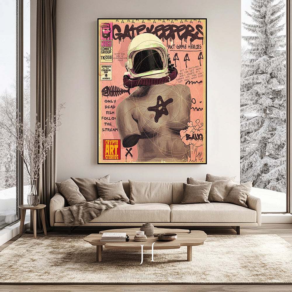 a living room with a couch and a painting on the wall