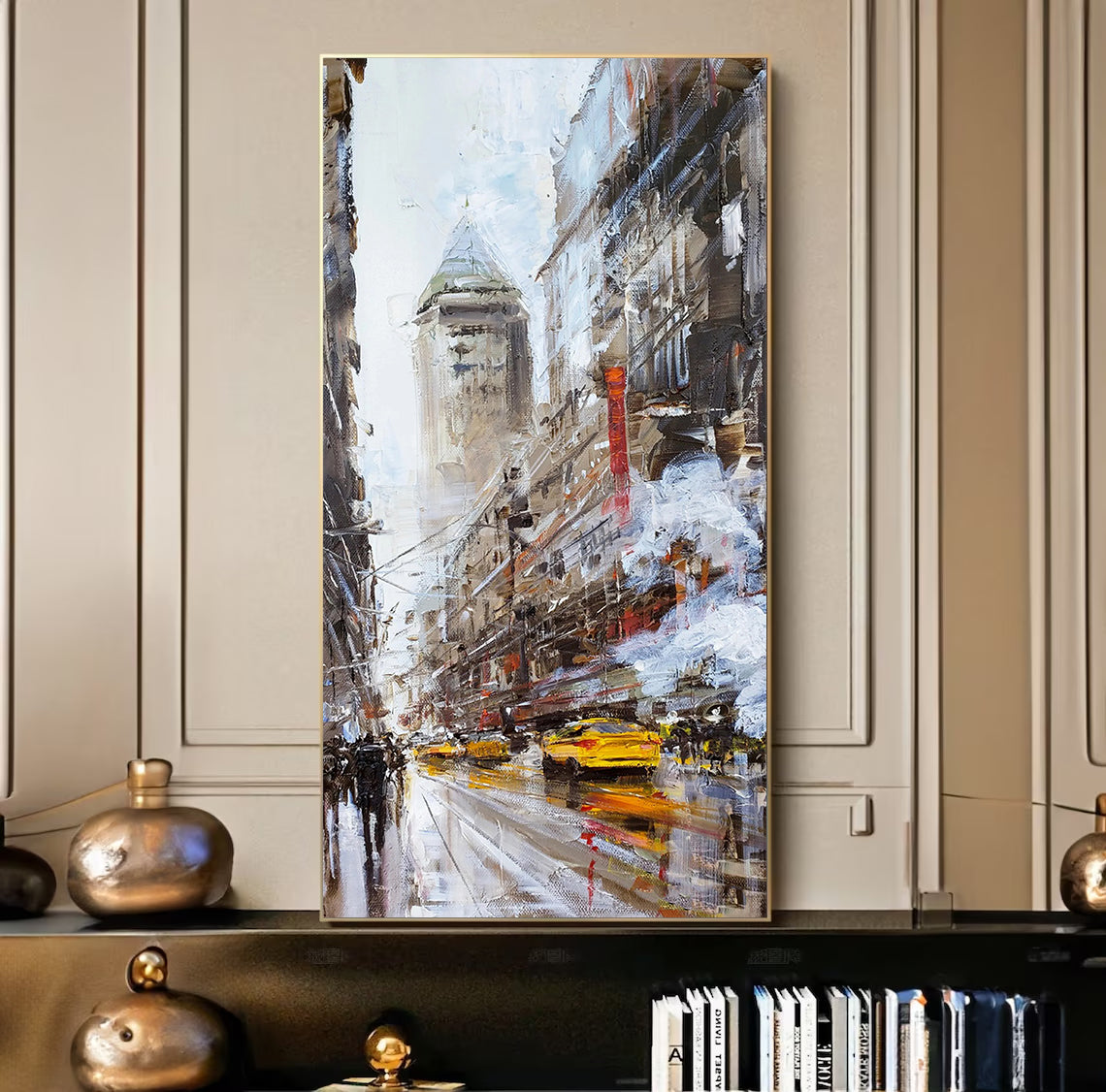 a painting of a city street in the rain