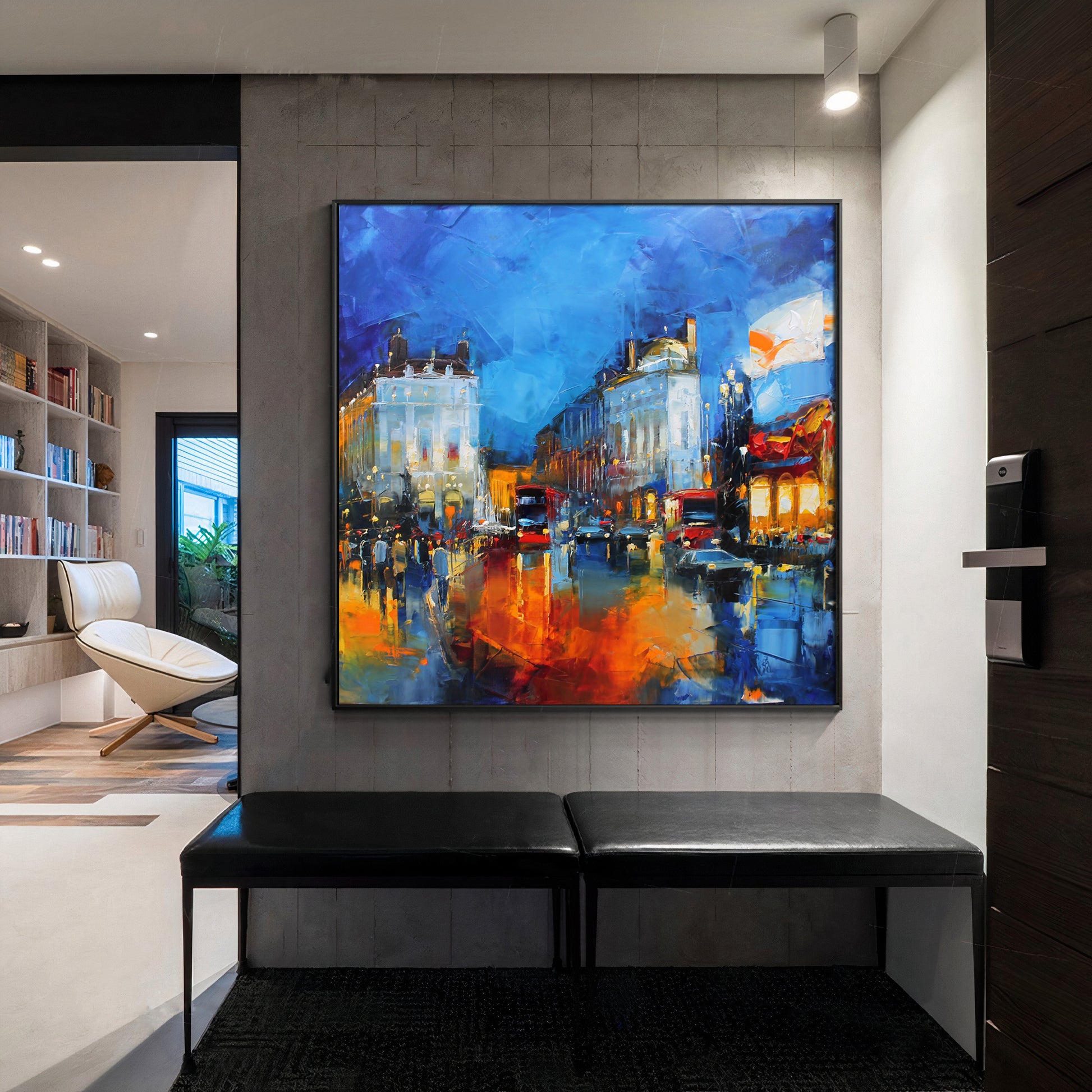 a painting on the wall of a living room