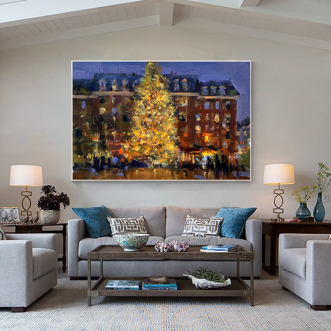 a living room filled with furniture and a christmas tree