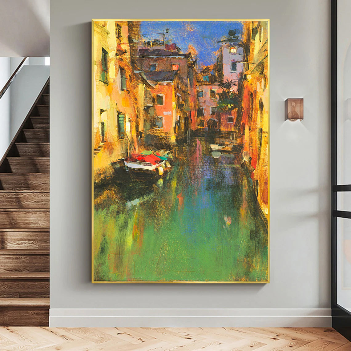 a painting of a boat in a canal