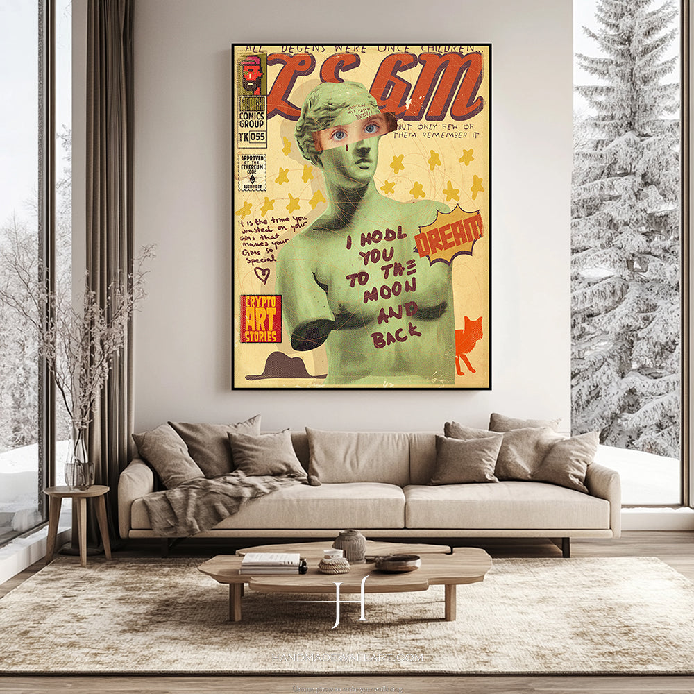 a living room with a couch and a painting on the wall