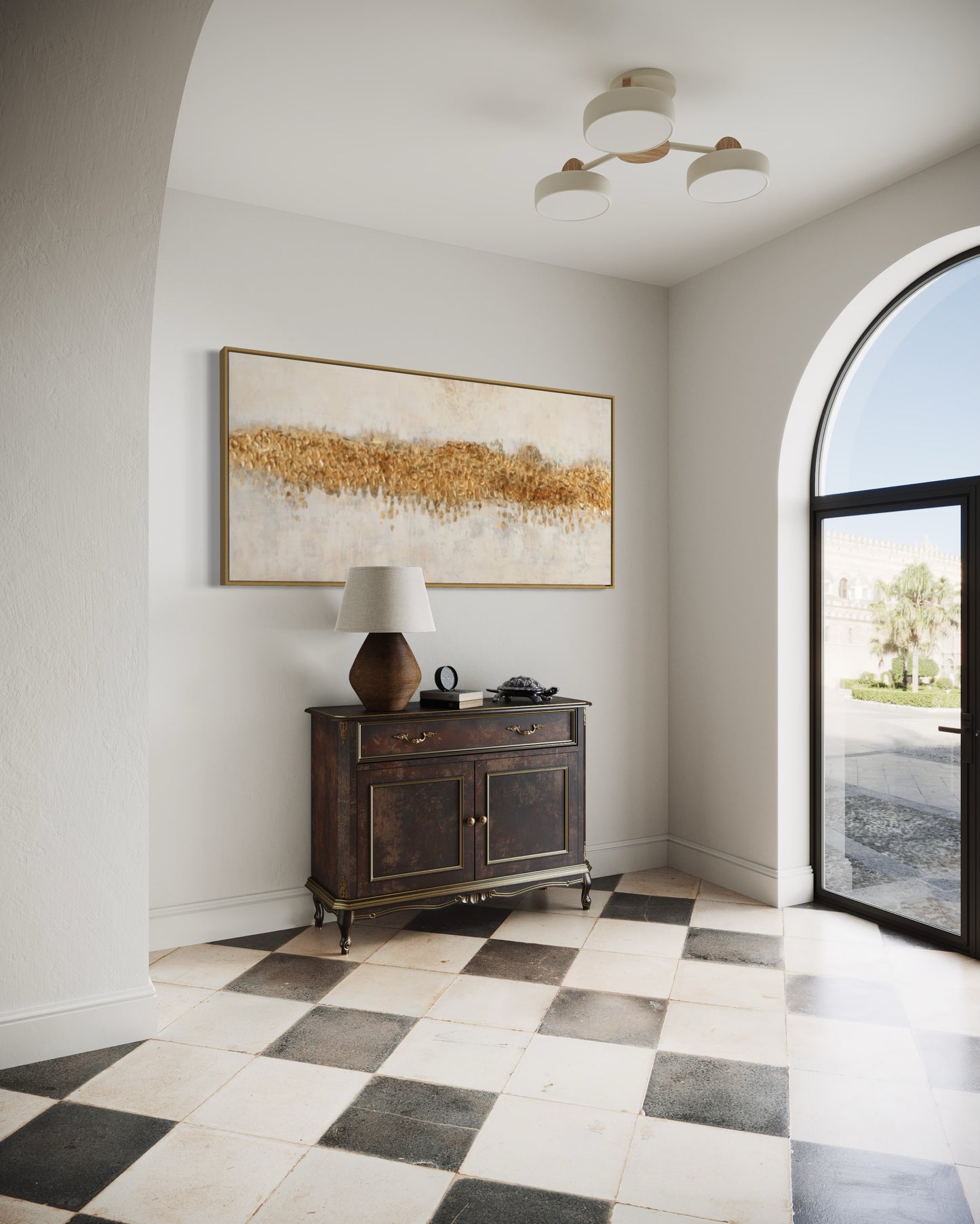 a room with a checkered floor and a painting on the wall