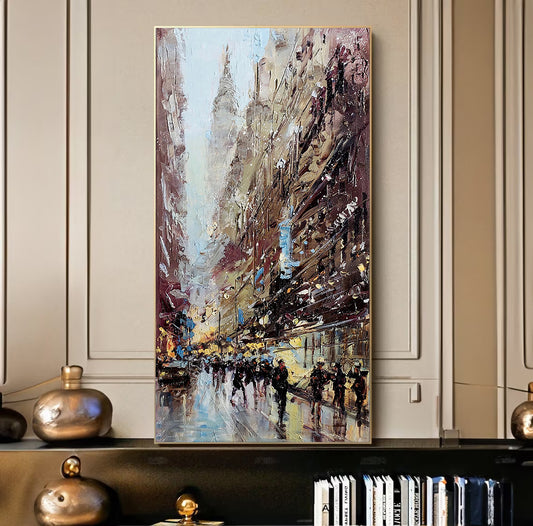 a painting of people walking down a city street