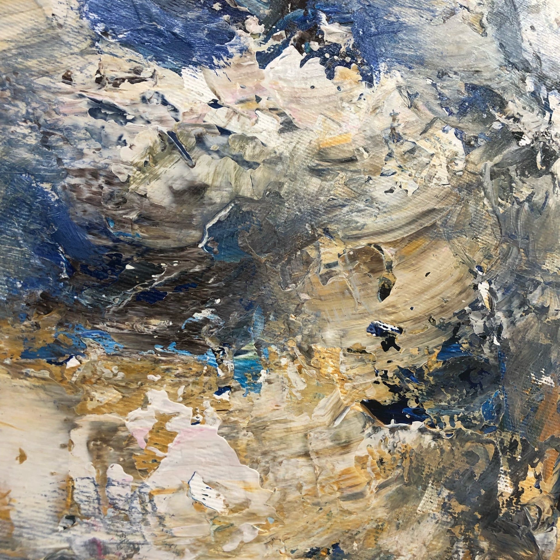 The image is an abstract painting with a mix of blue, white, and brown colors, creating a dynamic and textured composition.