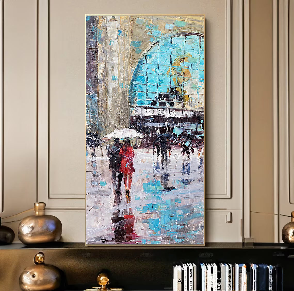 a painting of people walking in the rain with an umbrella