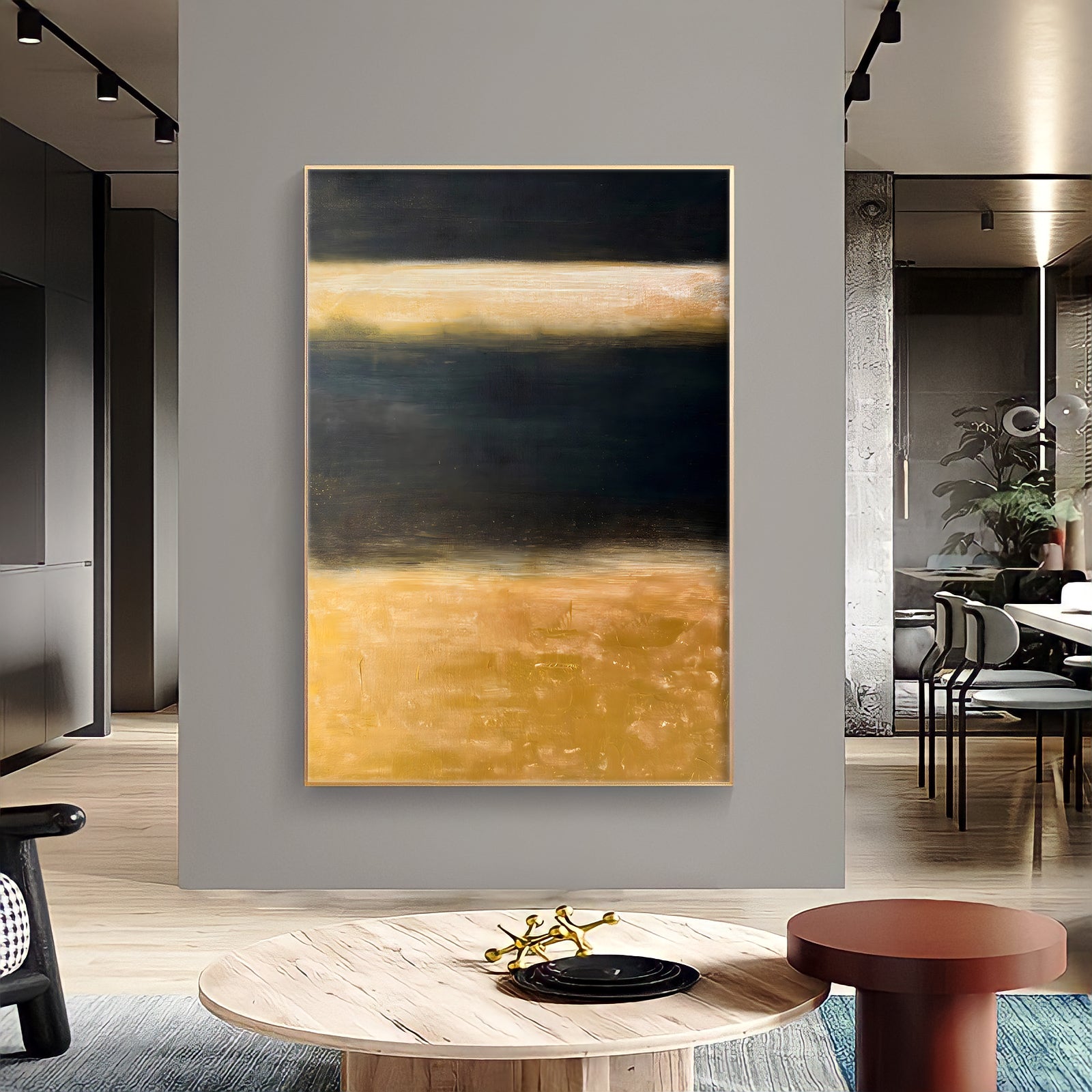 a painting hanging on a wall in a living room