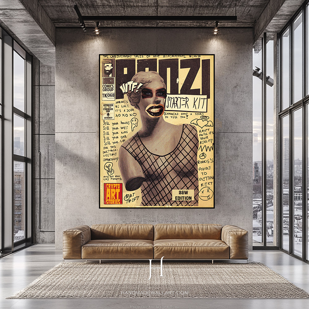 a living room with a couch and a poster on the wall