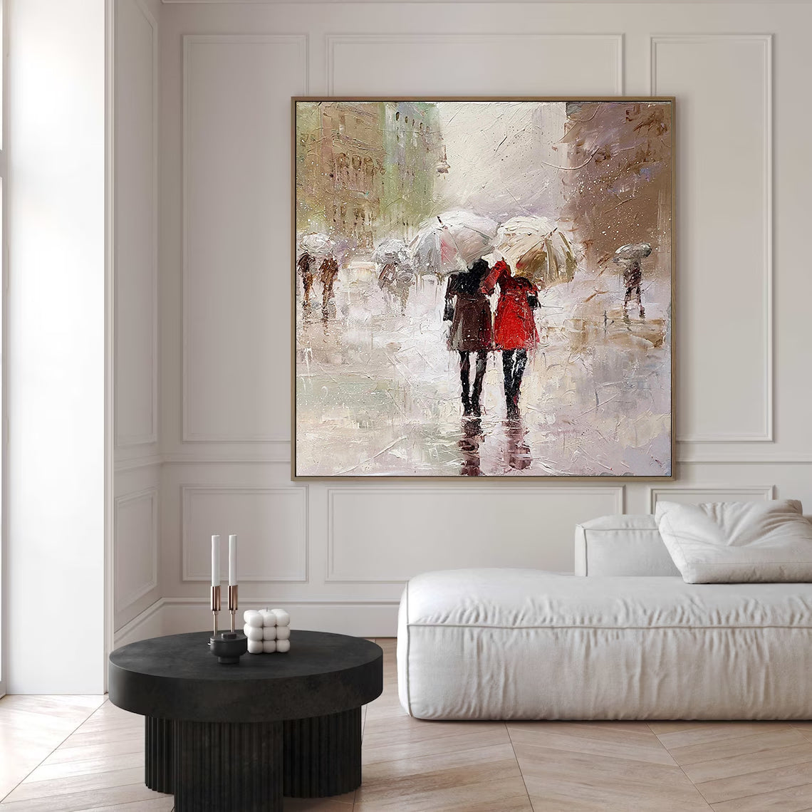 a painting of two people walking in the rain