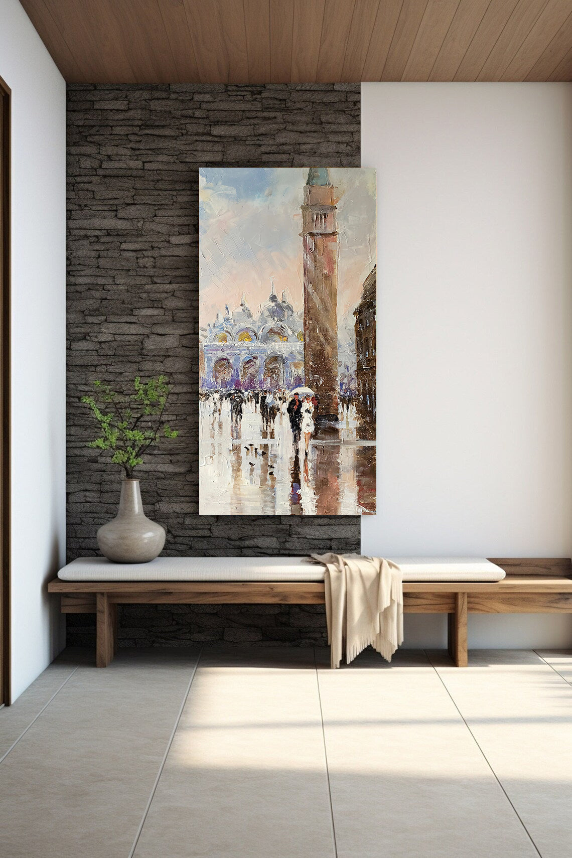 a painting of a clock tower on a wall next to a bench