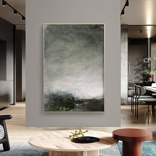 a living room with a large painting on the wall