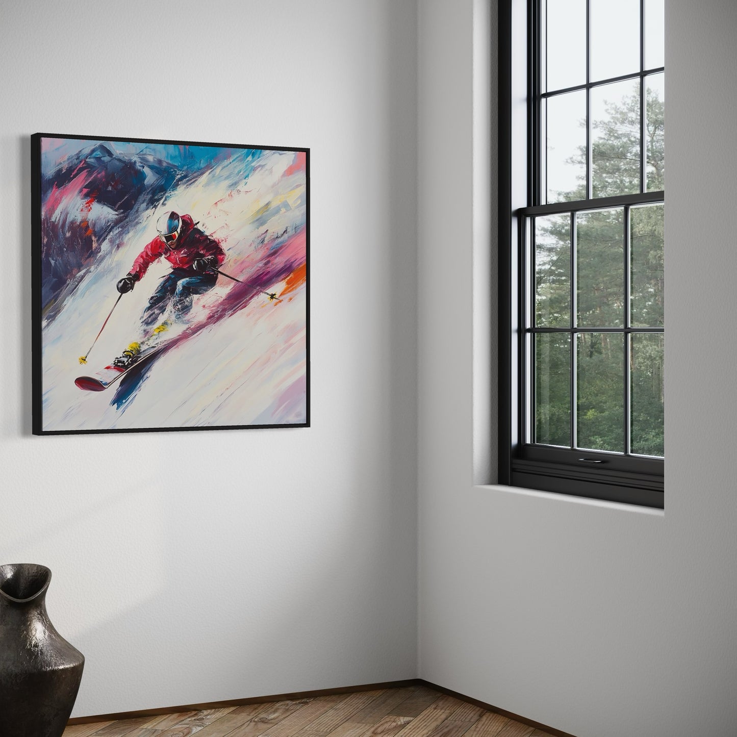 a painting of a skier is hanging on the wall