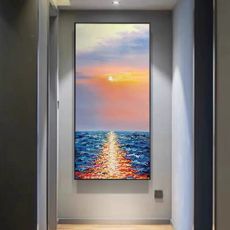 a painting of a sunset on the ocean