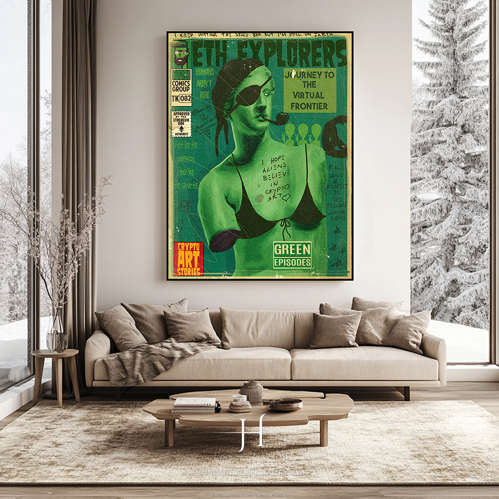 a living room with a couch and a poster on the wall