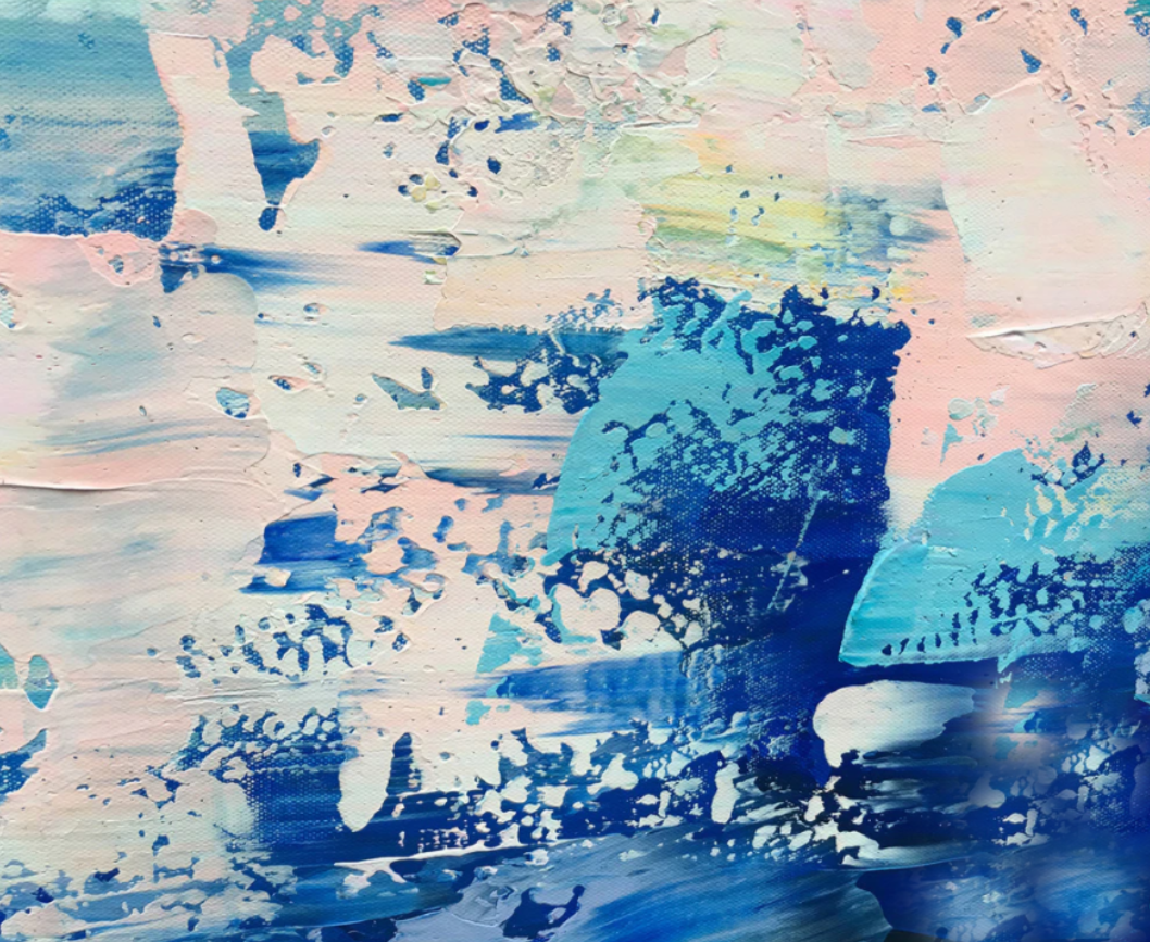 an abstract painting with blue and pink colors