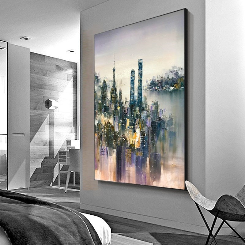 a bedroom with a large painting on the wall