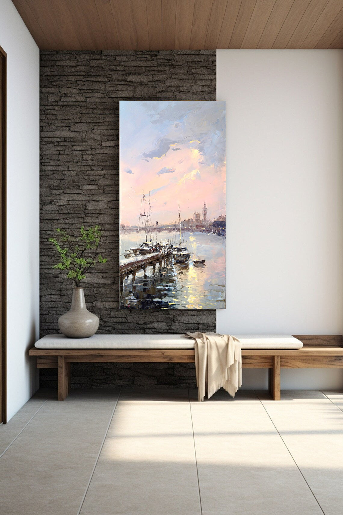 a painting of a harbor with boats in the water