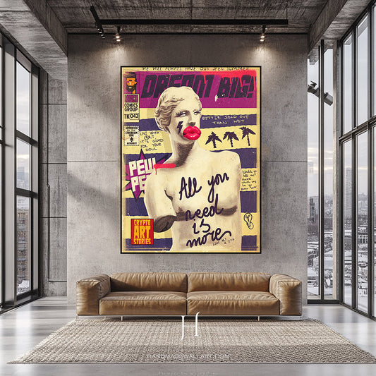 a living room with a couch and a painting on the wall