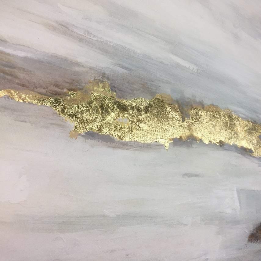 The image is an abstract painting with a white background and a gold texture. The painting features a large gold leaf-like shape in the center, creating a striking contrast against the white background.