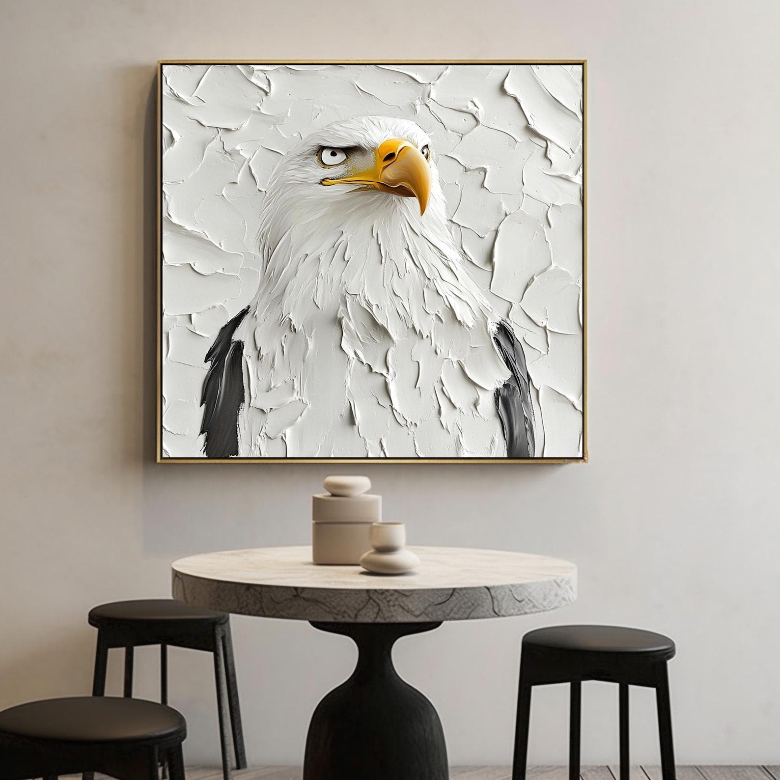 a painting of a bald eagle on a white wall