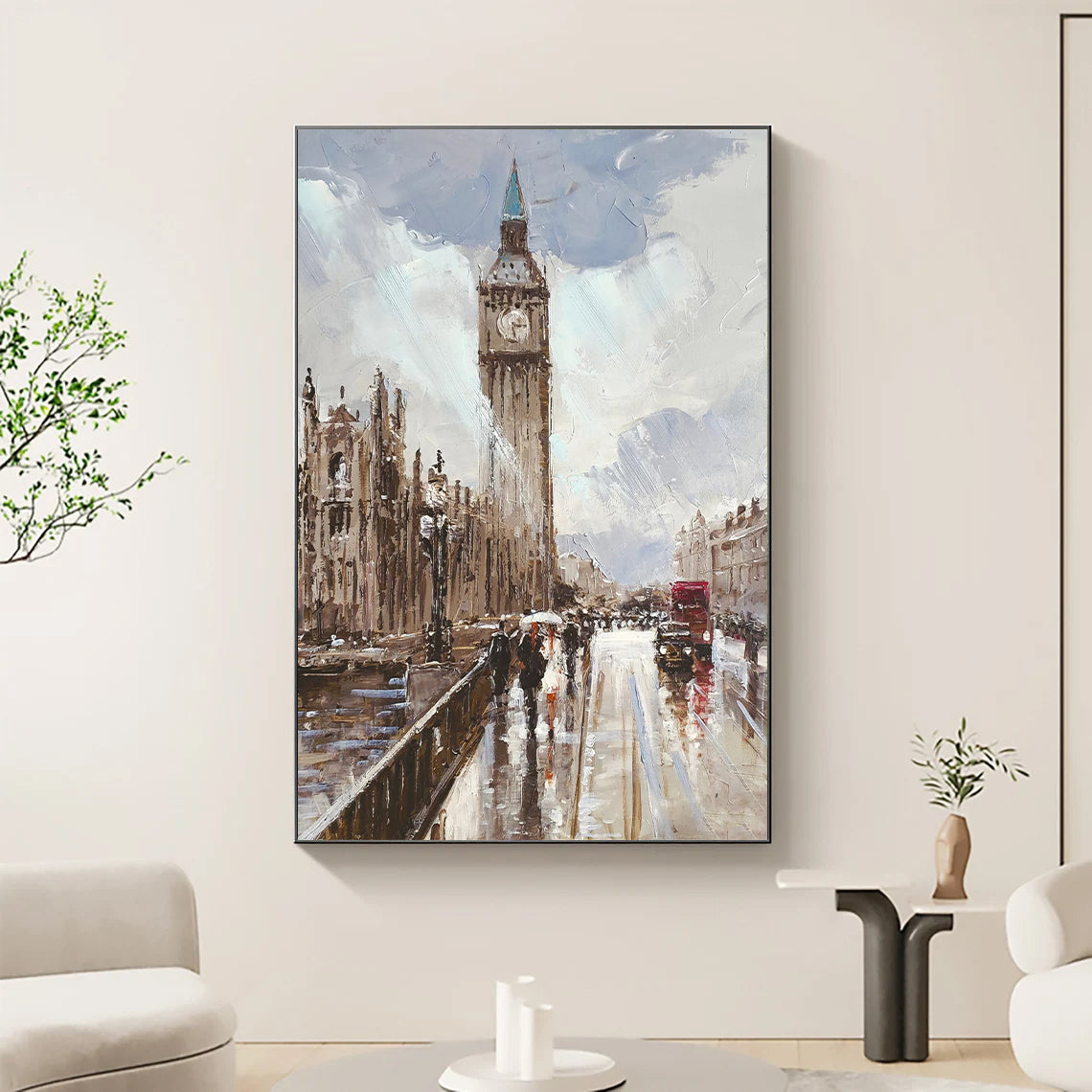 a painting of a city with a clock tower